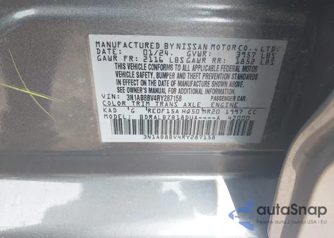 2024 Nissan Sentra S Xtronic Cvt z USA, uszkodzony, nr VIN 3N1AB8BV4RY287158